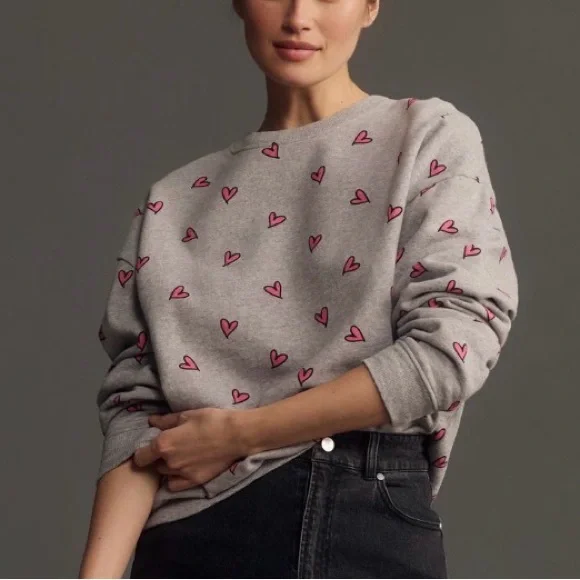 Anthropologie KULE The Oversized All Over Heart Sweatshirt Grey Pink Size Large - Picture 1 of 13